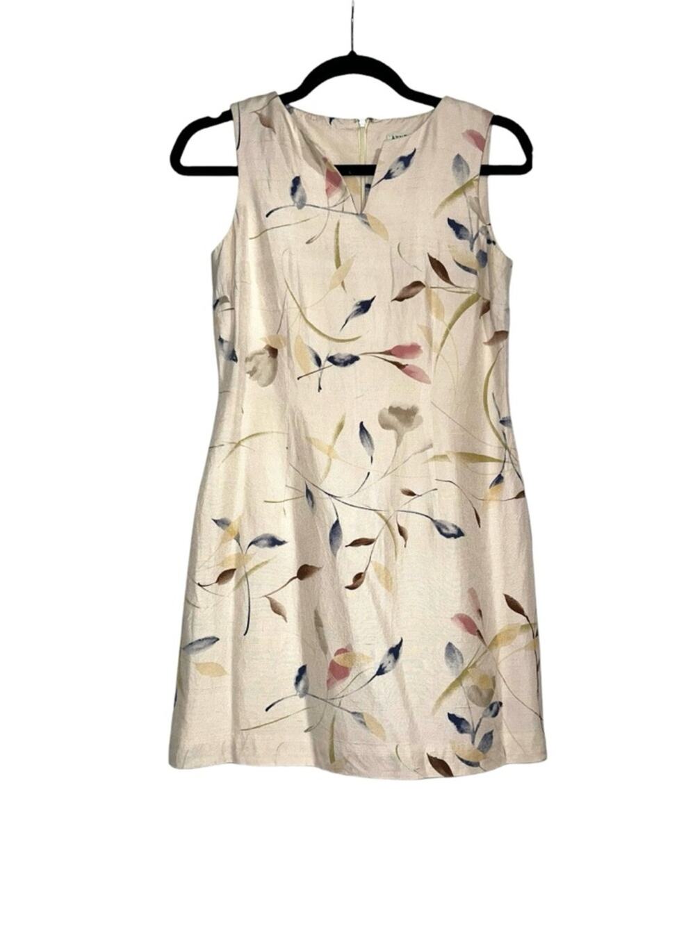 Vintage Ann Taylor Petites Silk Cream Leaf Print A-Line Sleeveless Mini Dress 2P